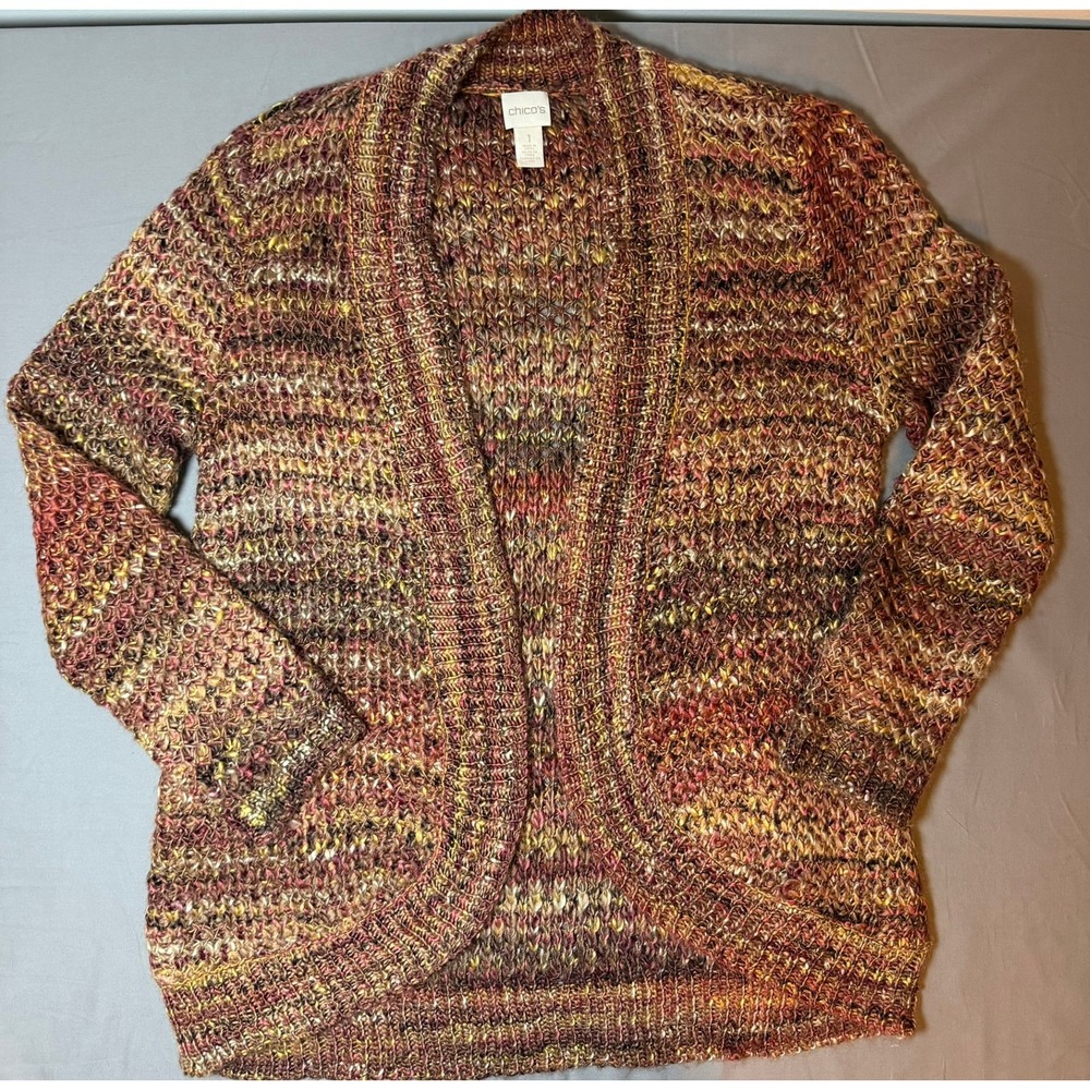 Chico's Chunky Fall Open Front Cardigan Sweater Brown Gold Burgundy Size 1